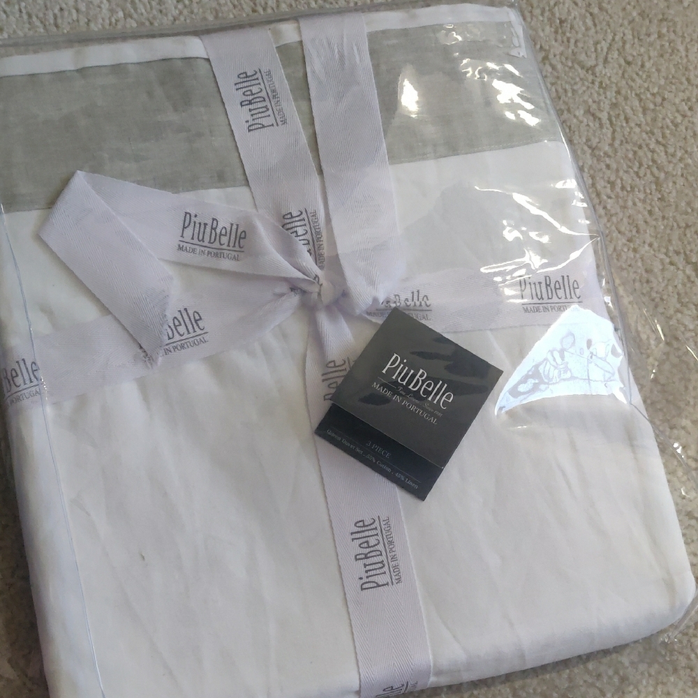 New!PiuBelle Portugal Linen Blend Queen 3-Piece Duvet Set White  Sage Border Y2K